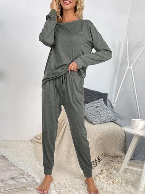 Round Neck Top and Drawstring Pants Lounge Set - Loungewear Set - Heather Gray - Bella Bourget