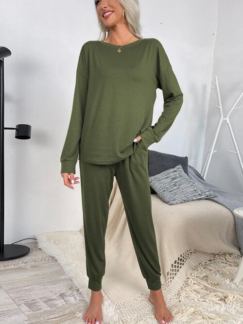 Round Neck Top and Drawstring Pants Lounge Set - Loungewear Set - Army Green - Bella Bourget