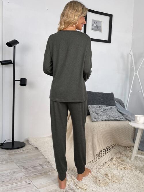 Round Neck Top and Drawstring Pants Lounge Set - Loungewear Set - Charcoal - Bella Bourget