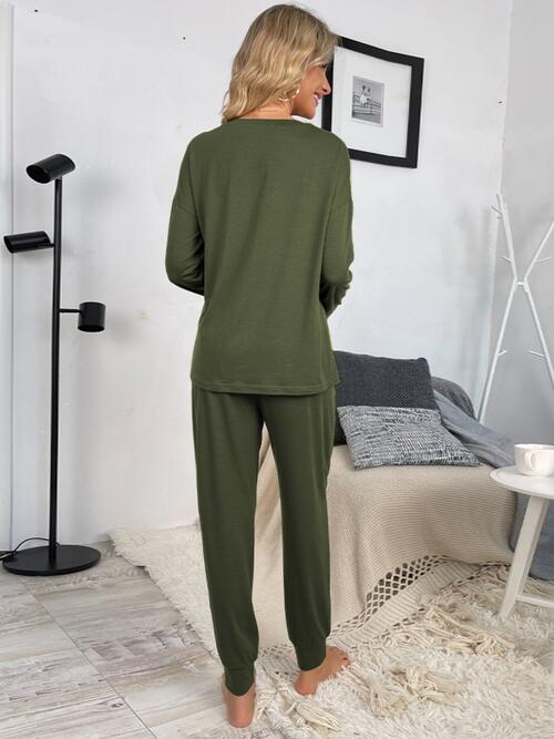 Round Neck Top and Drawstring Pants Lounge Set - Loungewear Set - Army Green - Bella Bourget