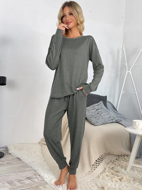 Round Neck Top and Drawstring Pants Lounge Set - Loungewear Set - Heather Gray - Bella Bourget