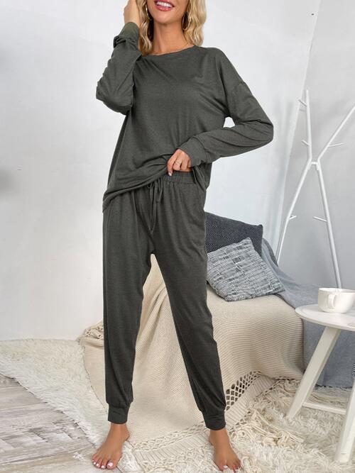 Round Neck Top and Drawstring Pants Lounge Set - Loungewear Set - Charcoal - Bella Bourget