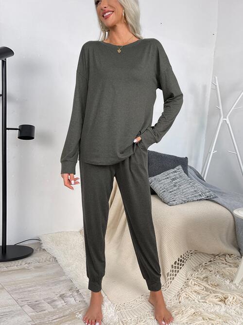 Round Neck Top and Drawstring Pants Lounge Set - Loungewear Set - Charcoal - Bella Bourget