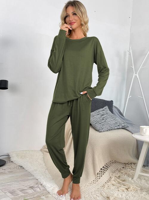 Round Neck Top and Drawstring Pants Lounge Set - Loungewear Set - Army Green - Bella Bourget