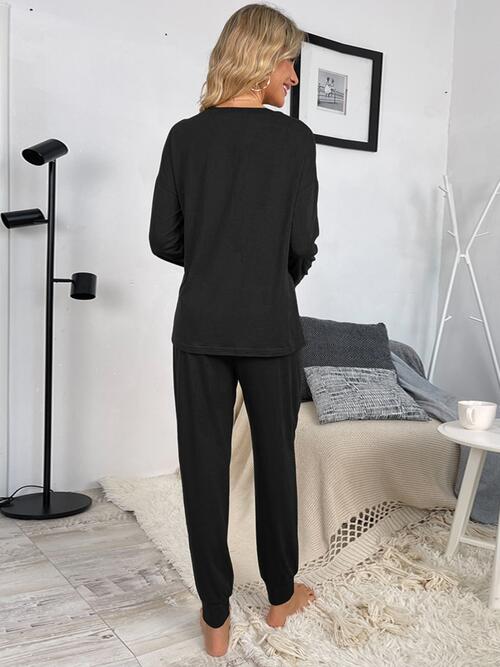 Round Neck Top and Drawstring Pants Lounge Set - Loungewear Set - Black - Bella Bourget