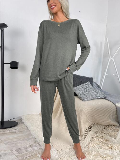 Round Neck Top and Drawstring Pants Lounge Set - Loungewear Set - Heather Gray - Bella Bourget