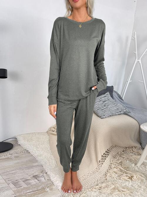 Round Neck Top and Drawstring Pants Lounge Set - Loungewear Set - Heather Gray - Bella Bourget