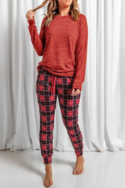 Round Neck Top and Drawstring Plaid Pants Lounge Set - Loungewear Set - Deep Red - Bella Bourget