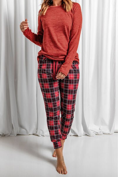 Round Neck Top and Drawstring Plaid Pants Lounge Set - Loungewear Set - Deep Red - Bella Bourget