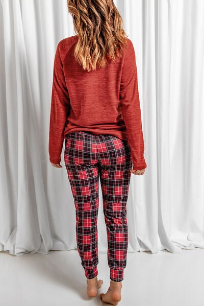 Round Neck Top and Drawstring Plaid Pants Lounge Set - Loungewear Set - Deep Red - Bella Bourget