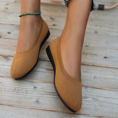 Round Toe Knit Ballet Flats - shoes - Caramel - Bella Bourget