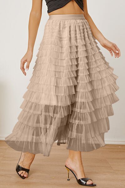 Ruched High Waist Tiered Skirt - Skirt - Khaki - Bella Bourget