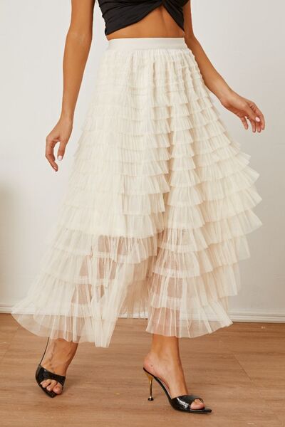 Ruched High Waist Tiered Skirt - Skirt - Ivory - Bella Bourget