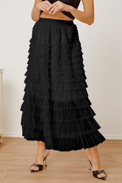 Ruched High Waist Tiered Skirt - Skirt - Black - Bella Bourget