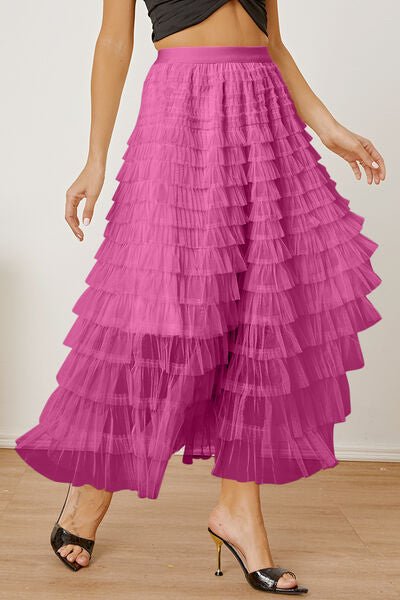 Ruched High Waist Tiered Skirt - Skirt - Fuchsia Pink - Bella Bourget