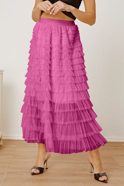 Ruched High Waist Tiered Skirt - Skirt - Fuchsia Pink - Bella Bourget