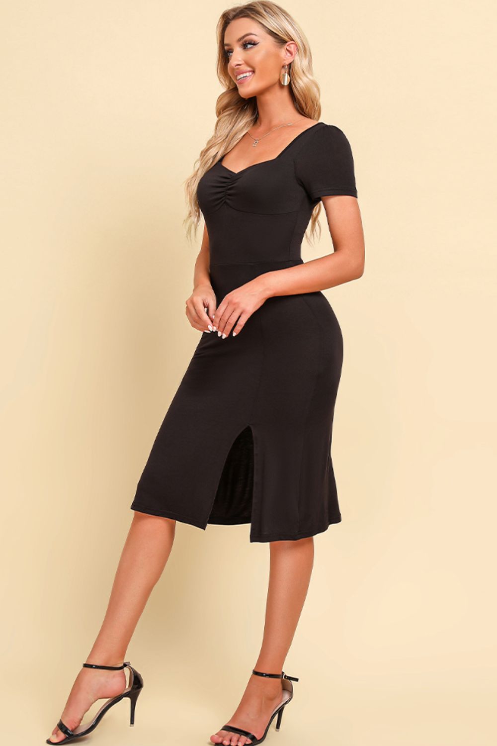 Ruched Sweetheart Neck Short Sleeve Slit Dress - Dress - Black - Bella Bourget