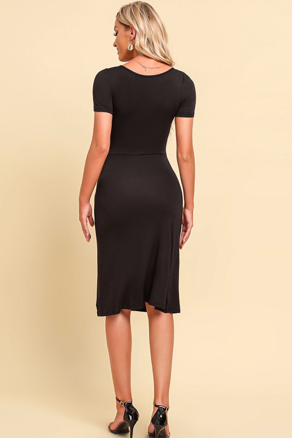 Ruched Sweetheart Neck Short Sleeve Slit Dress - Dress - Black - Bella Bourget