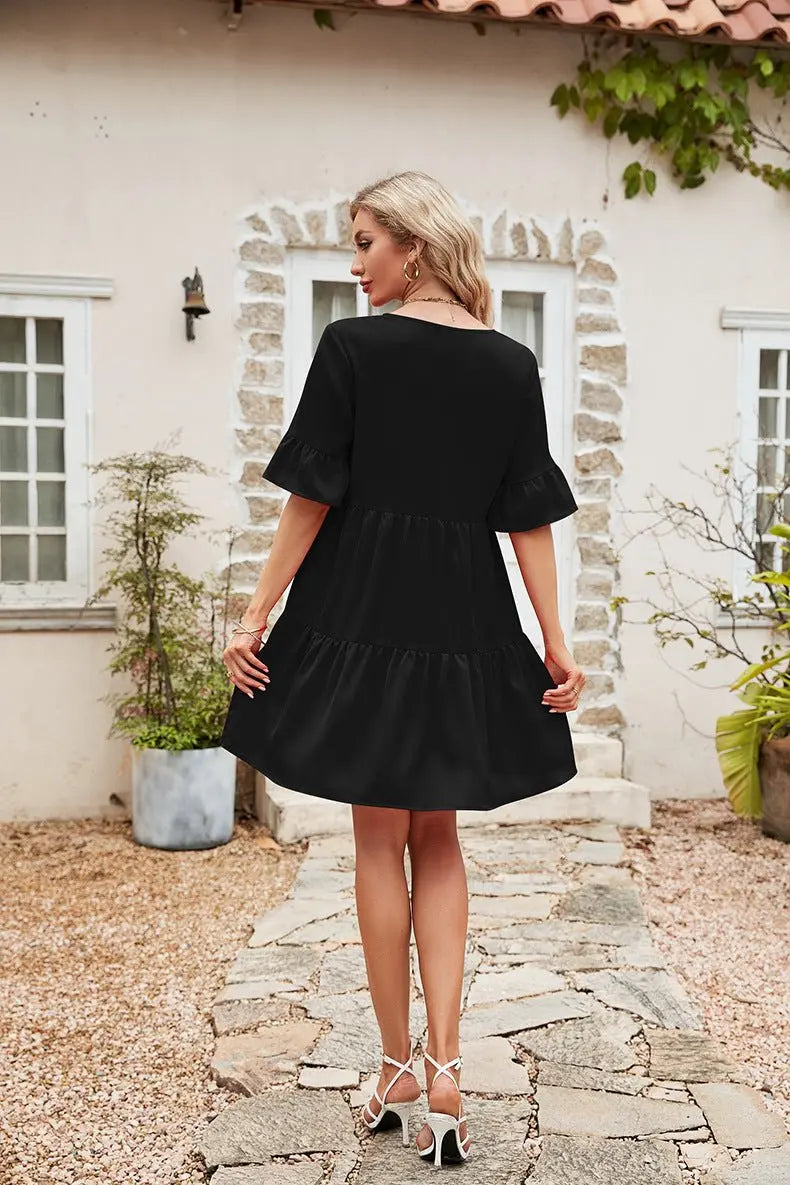 Ruffle Trim Tie Neck Flounce Sleeve Tiered Dress - Dress - Black - Bella Bourget