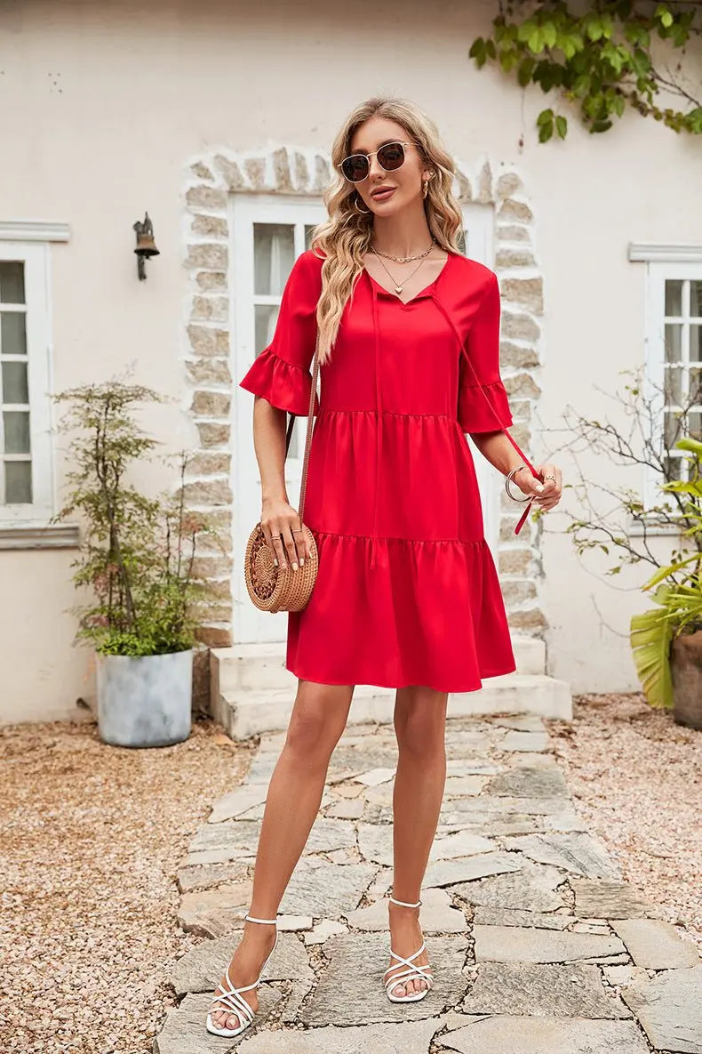 Ruffle Trim Tie Neck Flounce Sleeve Tiered Dress - Dress - Red - Bella Bourget