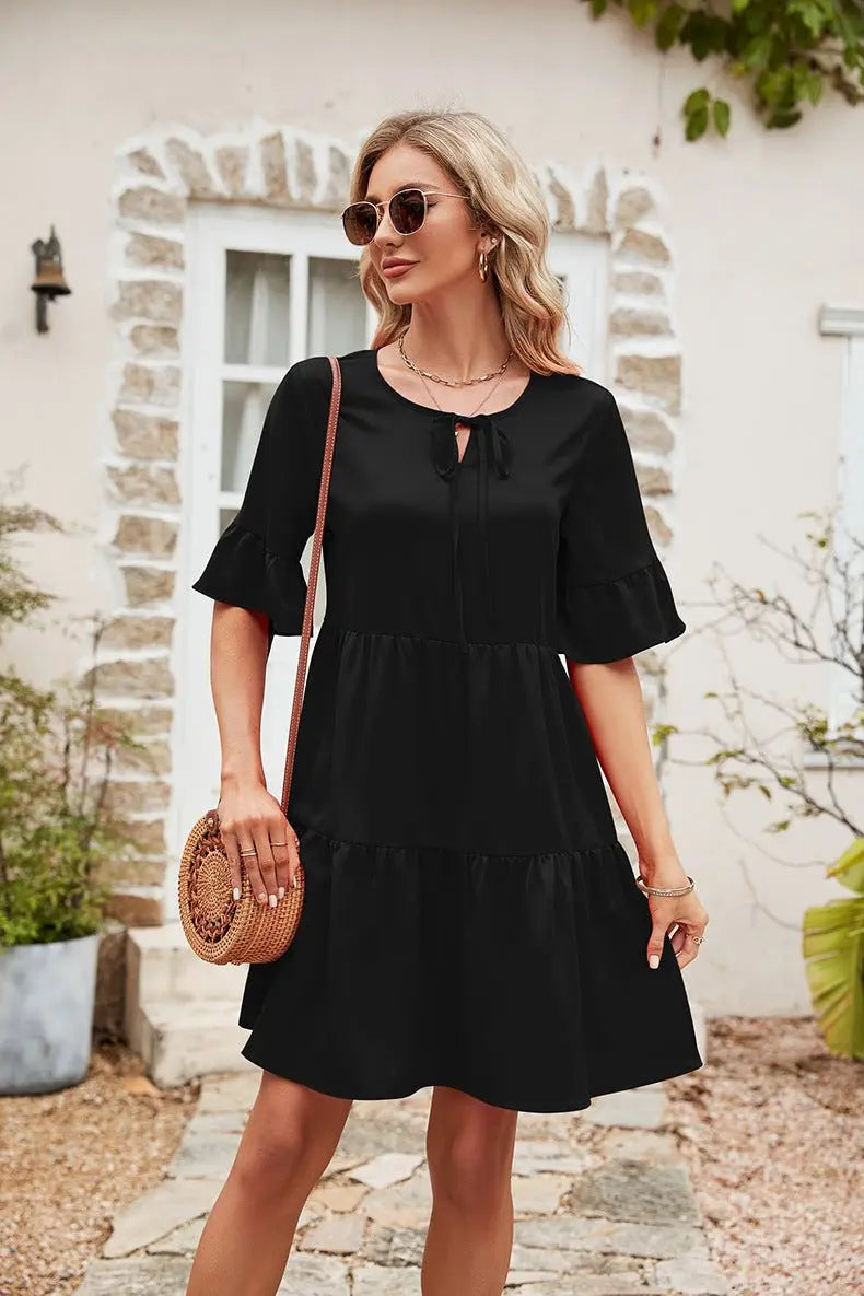 Ruffle Trim Tie Neck Flounce Sleeve Tiered Dress - Dress - Black - Bella Bourget