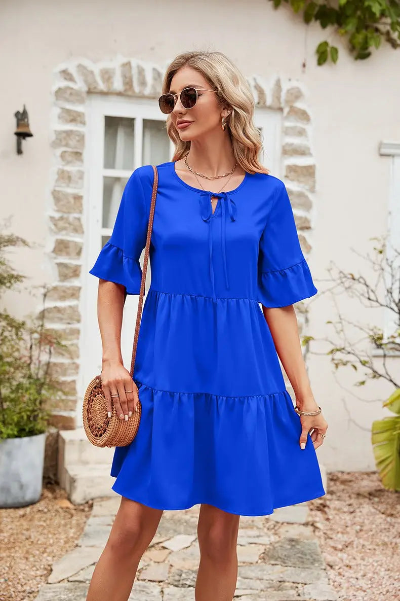 Ruffle Trim Tie Neck Flounce Sleeve Tiered Dress - Dress - Cobalt Blue - Bella Bourget