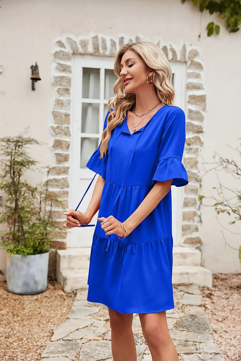 Ruffle Trim Tie Neck Flounce Sleeve Tiered Dress - Dress - Cobalt Blue - Bella Bourget