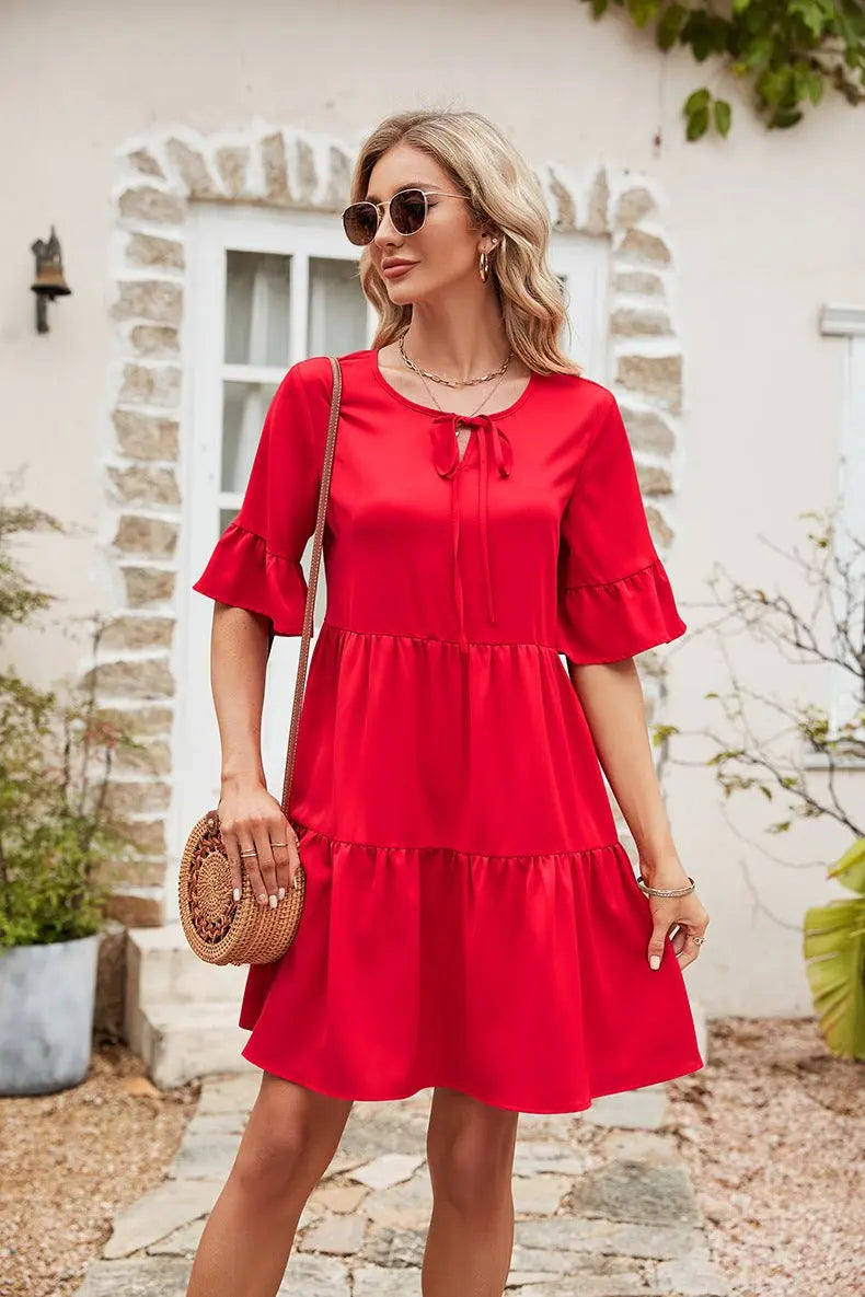 Ruffle Trim Tie Neck Flounce Sleeve Tiered Dress - Dress - Red - Bella Bourget