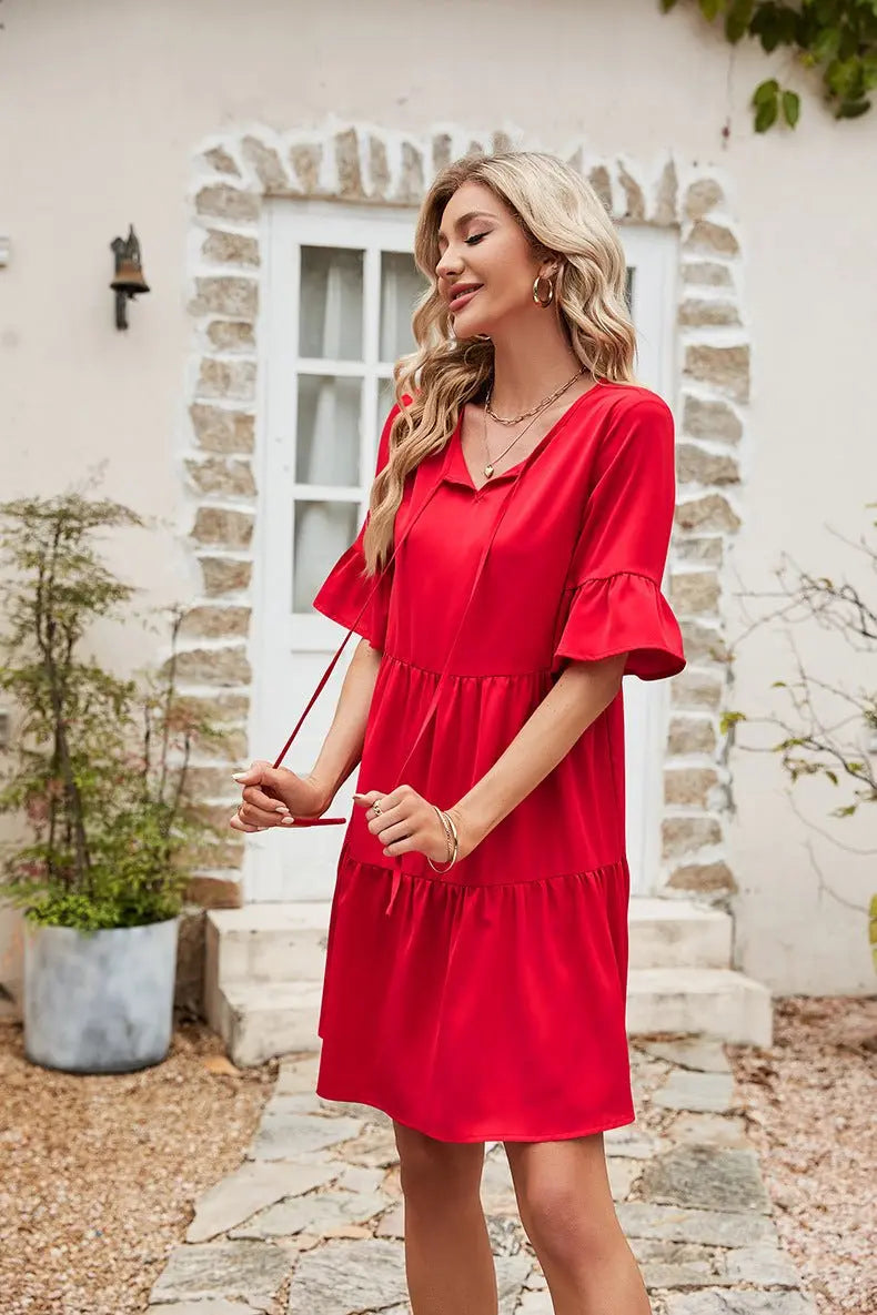 Ruffle Trim Tie Neck Flounce Sleeve Tiered Dress - Dress - Red - Bella Bourget