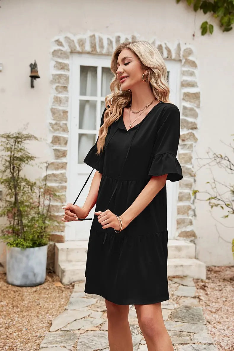 Ruffle Trim Tie Neck Flounce Sleeve Tiered Dress - Dress - Black - Bella Bourget