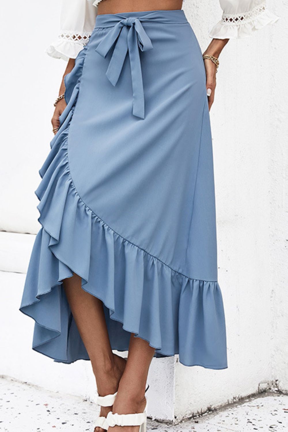 Ruffle Trim Tied Skirt - Skirt - Blue - Bella Bourget