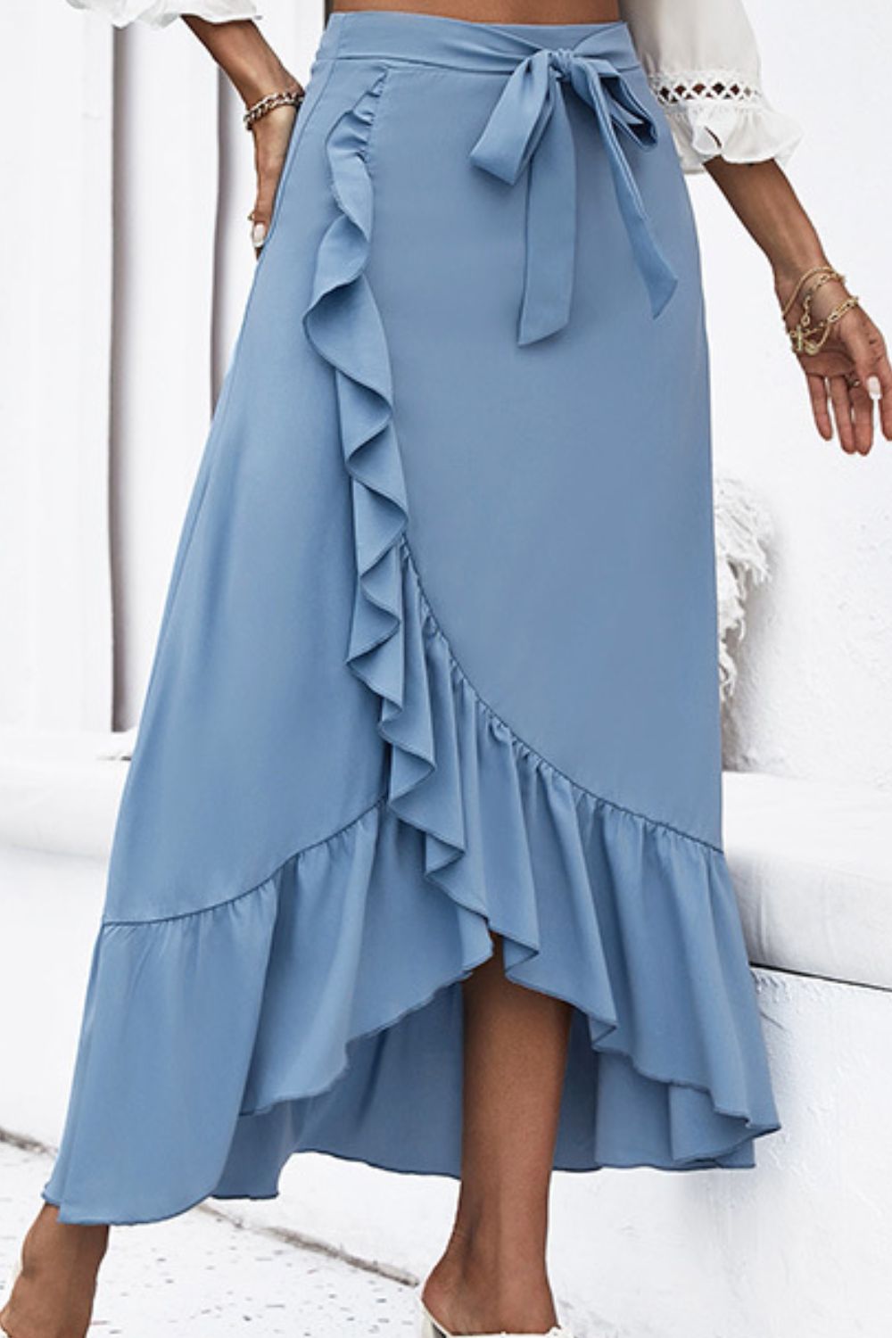 Ruffle Trim Tied Skirt - Skirt - Blue - Bella Bourget