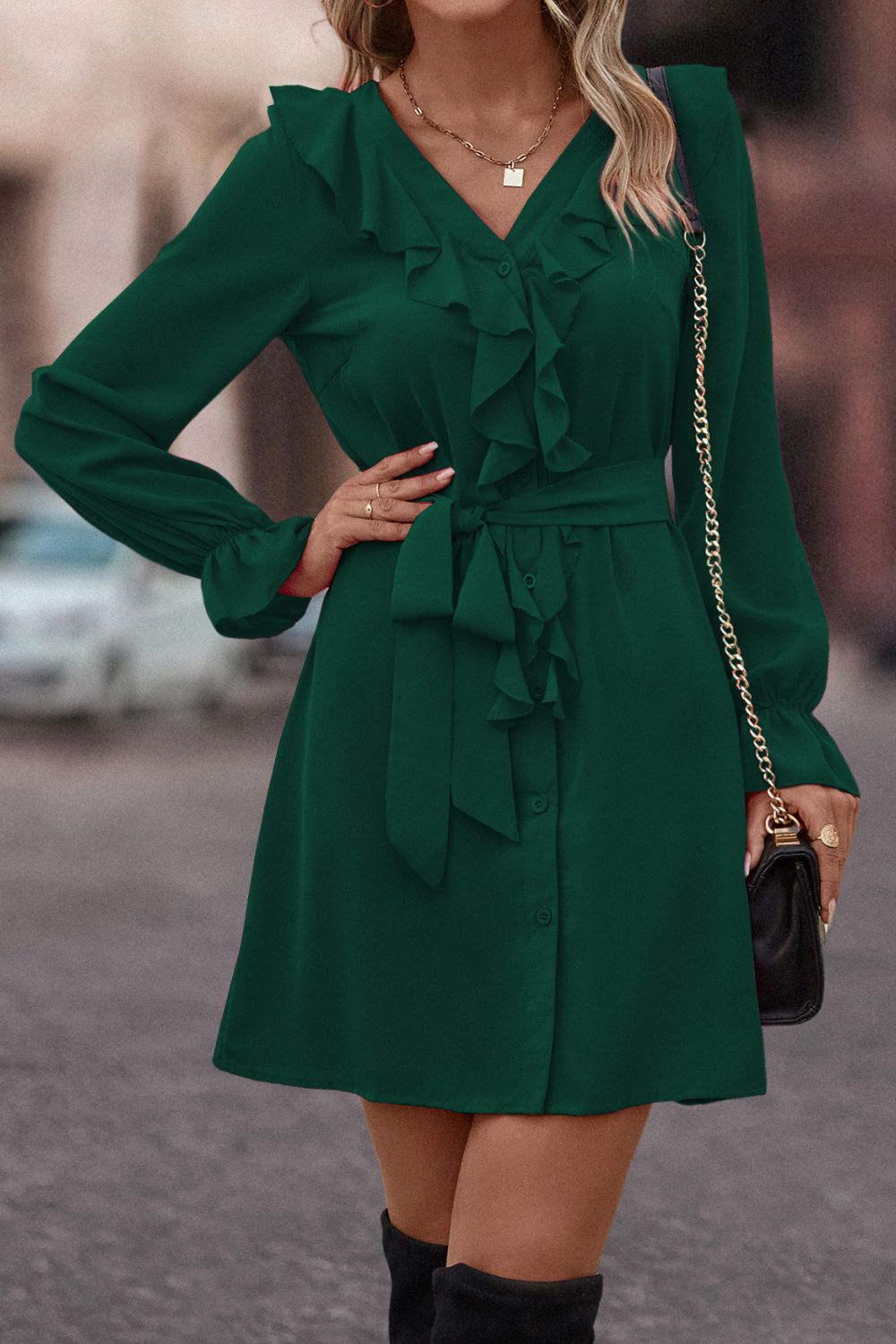 Ruffled Flounce Sleeve V - Neck Belted Dress - Dress - Green - Bella Bourget