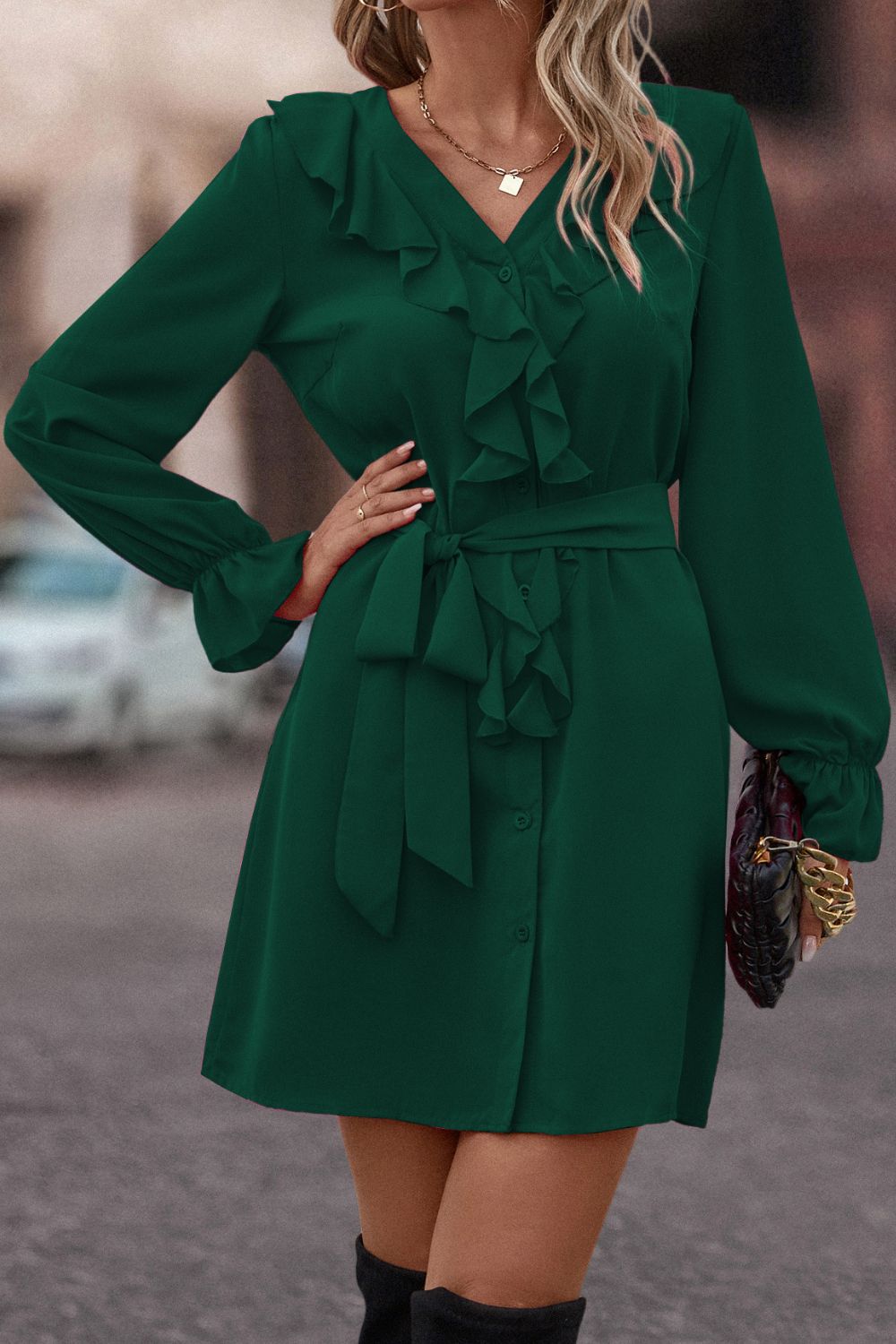 Ruffled Flounce Sleeve V - Neck Belted Dress - Dress - Green - Bella Bourget