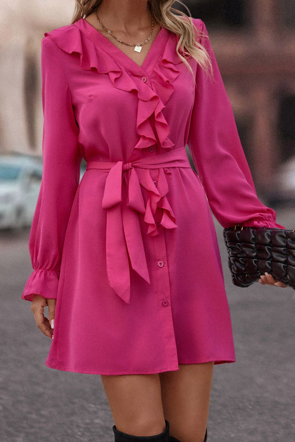 Ruffled Flounce Sleeve V - Neck Belted Dress - Dress - Magenta - Bella Bourget