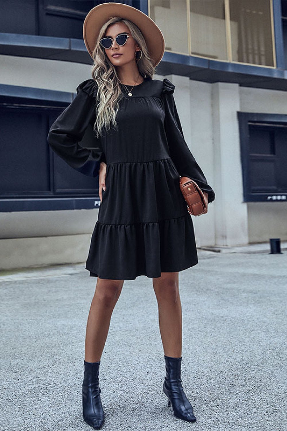 Ruffled Shoulder Tiered Dress - Dress - Black - Bella Bourget