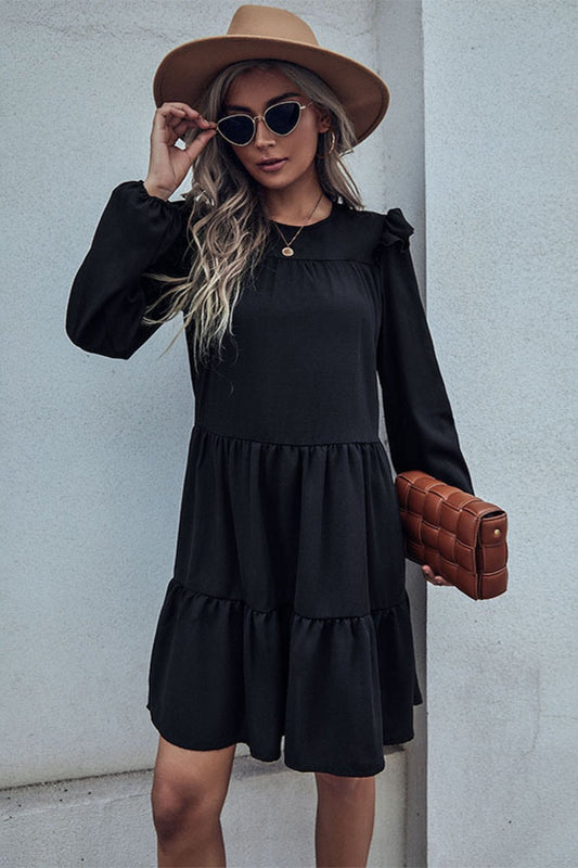 Ruffled Shoulder Tiered Dress - Dress - Black - Bella Bourget