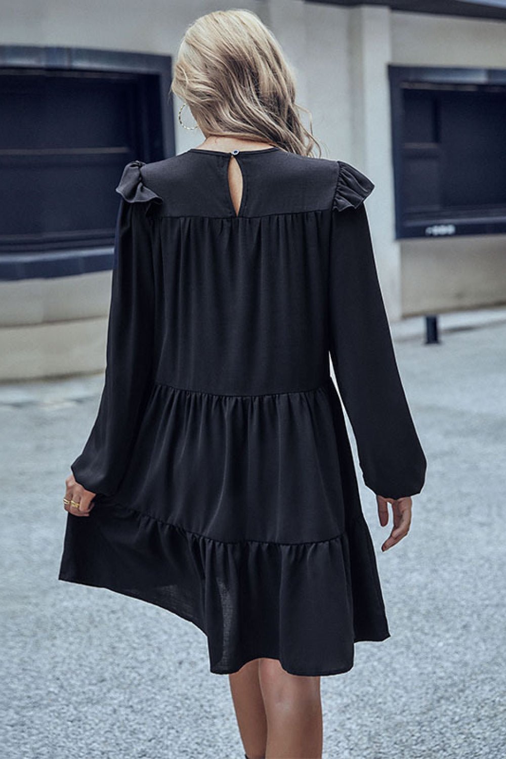 Ruffled Shoulder Tiered Dress - Dress - Black - Bella Bourget