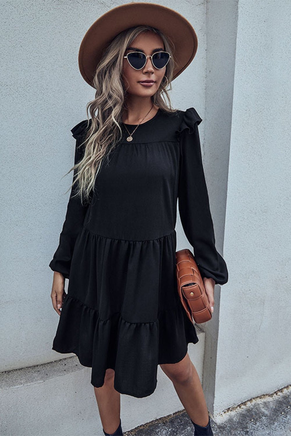 Ruffled Shoulder Tiered Dress - Dress - Black - Bella Bourget