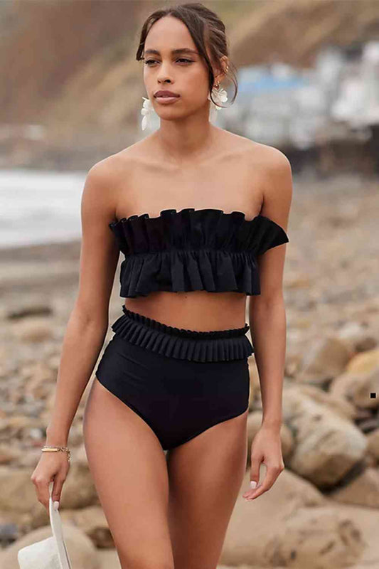 Ruffled Tie Back Two - Piece Swimsuit - Two - Piece Bathing Suit - Black - Bella Bourget