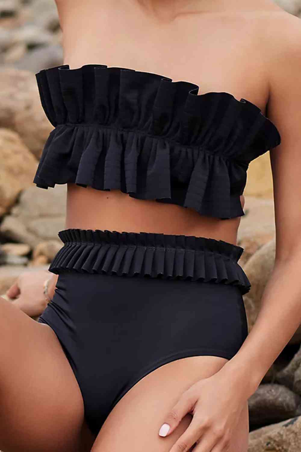 Ruffled Tie Back Two - Piece Swimsuit - Two - Piece Bathing Suit - Black - Bella Bourget