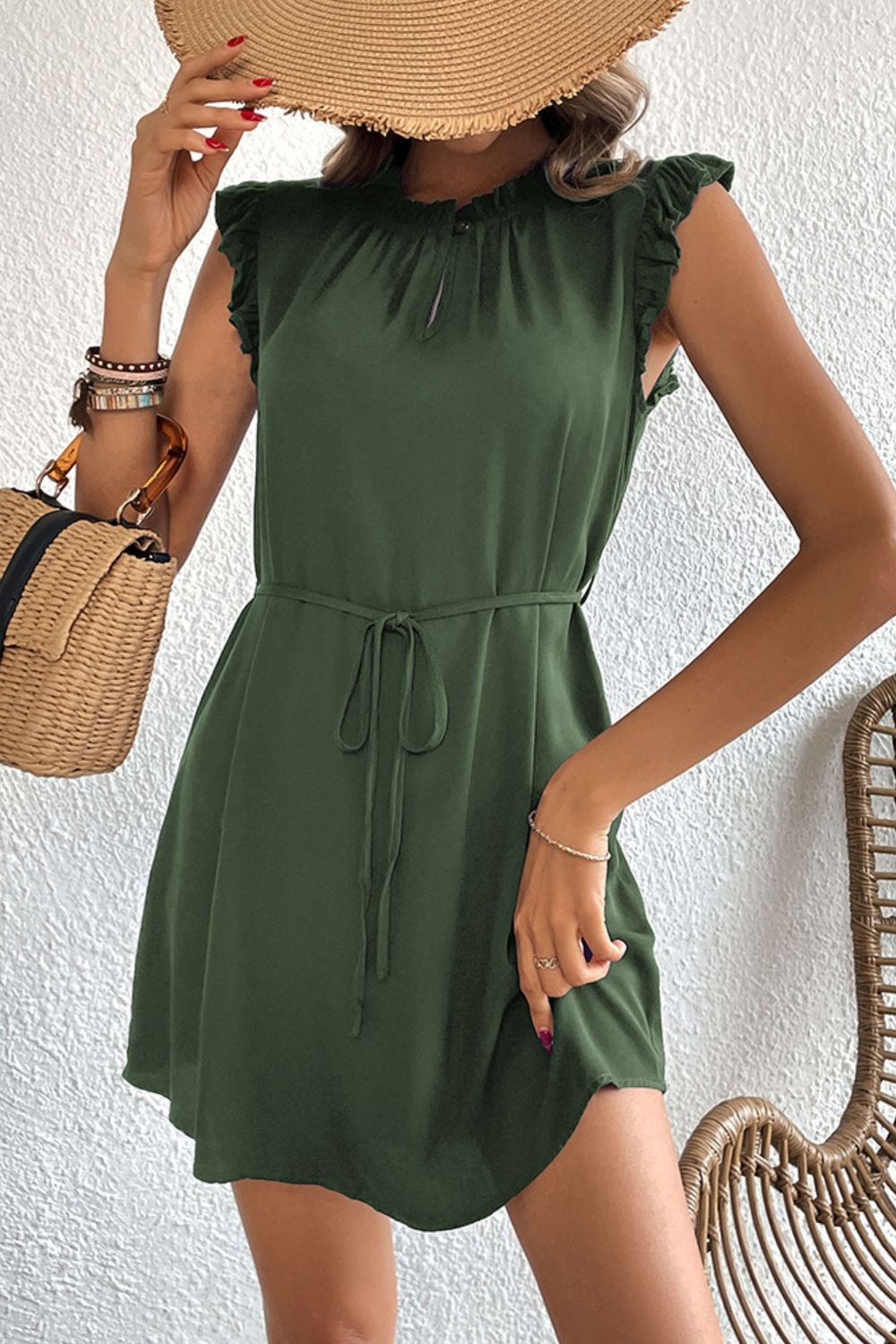 Ruffled Tie - Waist Keyhole Dress - Dress - Army Green - Bella Bourget