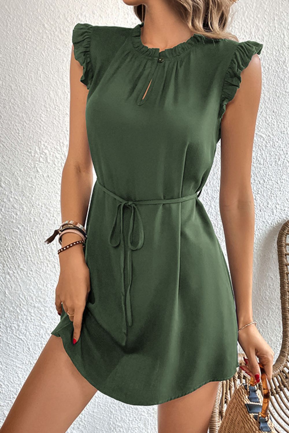 Ruffled Tie - Waist Keyhole Dress - Dress - Army Green - Bella Bourget