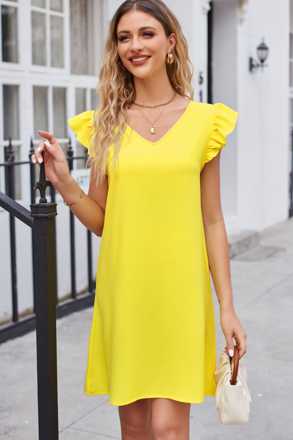 Ruffled V - Neck Flutter Sleeve Dress - Dress - Canary Yellow - Bella Bourget