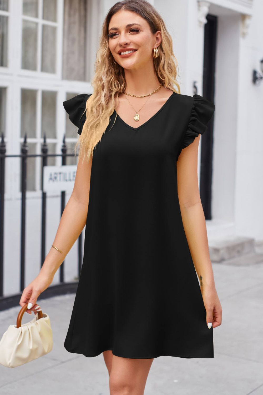 Ruffled V - Neck Flutter Sleeve Dress - Dress - Black - Bella Bourget