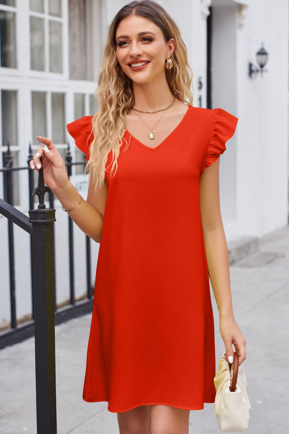 Ruffled V - Neck Flutter Sleeve Dress - Dress - Red Orange - Bella Bourget