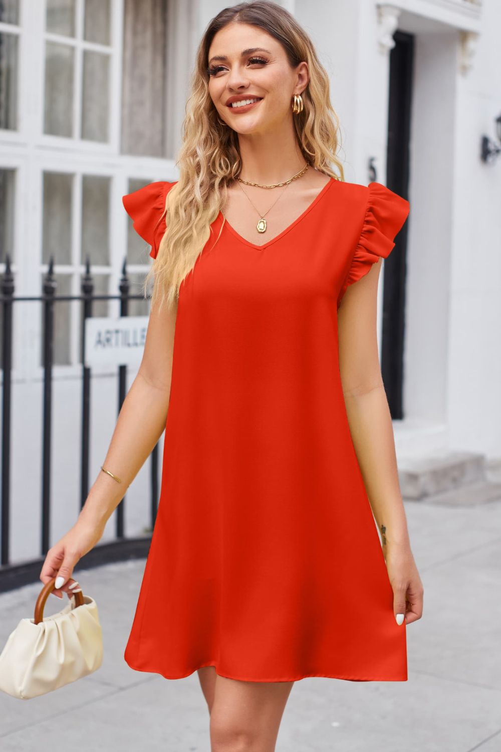 Ruffled V - Neck Flutter Sleeve Dress - Dress - Red Orange - Bella Bourget