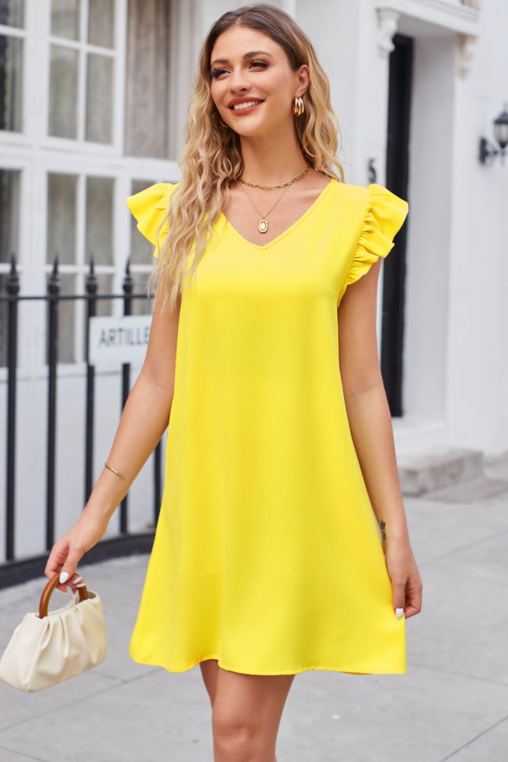 Ruffled V - Neck Flutter Sleeve Dress - Dress - Canary Yellow - Bella Bourget