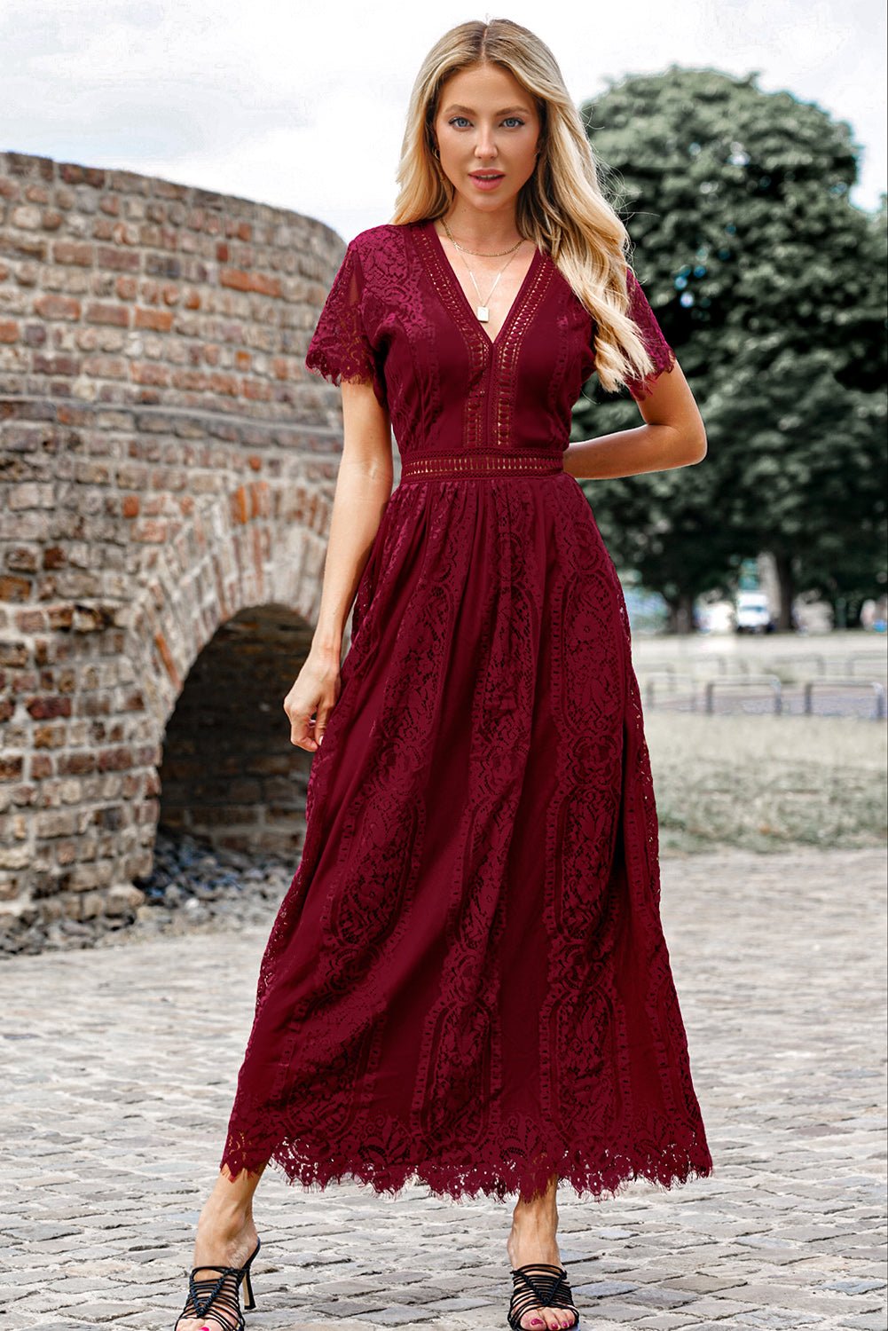 Scalloped Trim Lace Plunge Dress - Dress - Wine - Bella Bourget