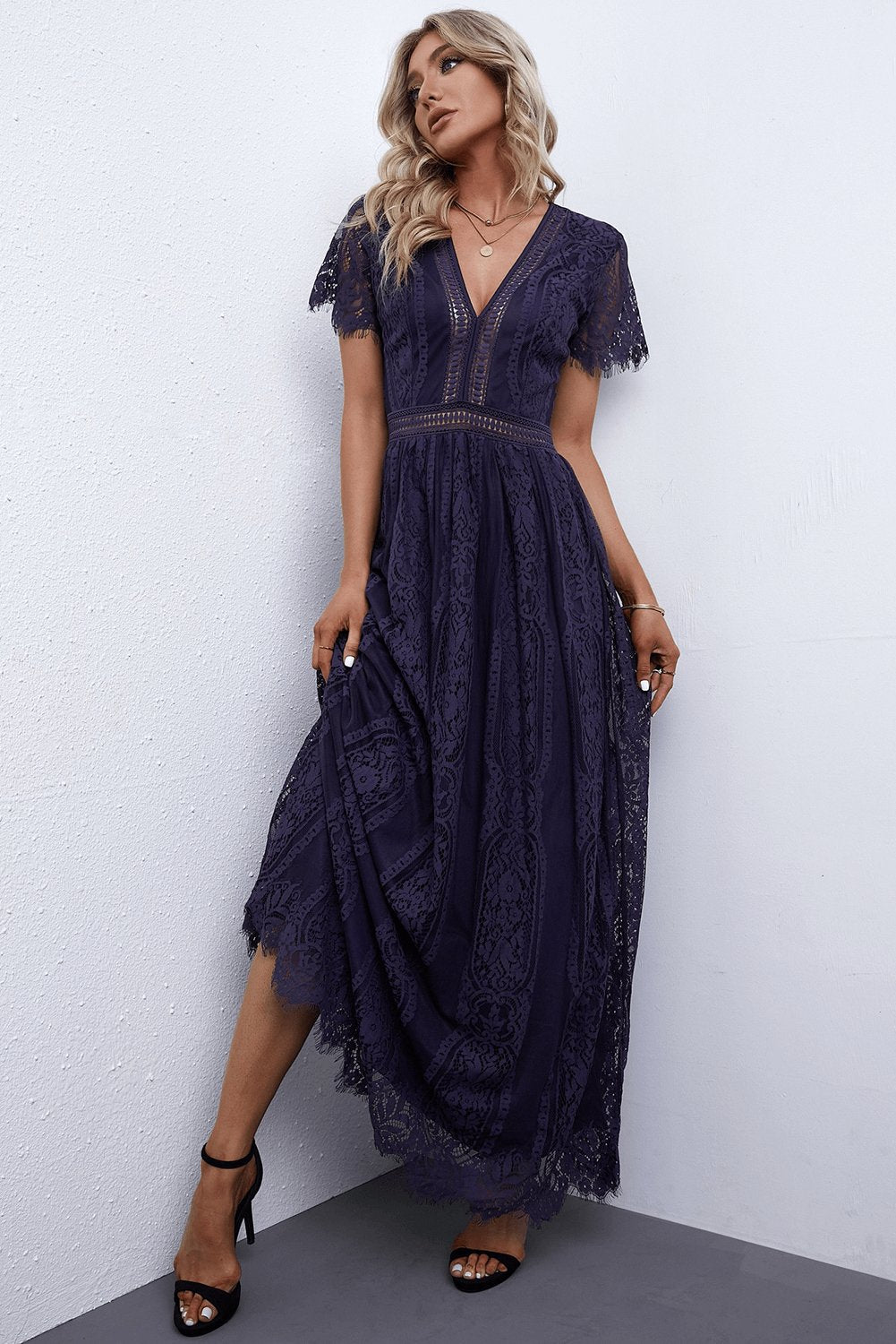 Scalloped Trim Lace Plunge Dress - Dress - Navy - Bella Bourget